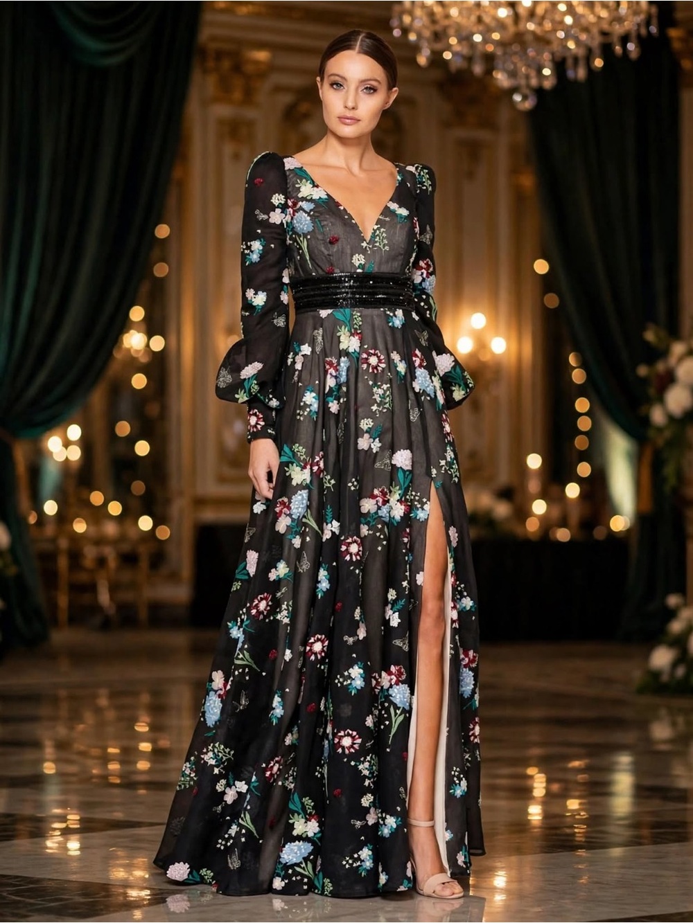 Mac Duggal EMBROIDERED BISHOP SLEEVE V NECK FLOWY GOWN size 4 $798 NEW